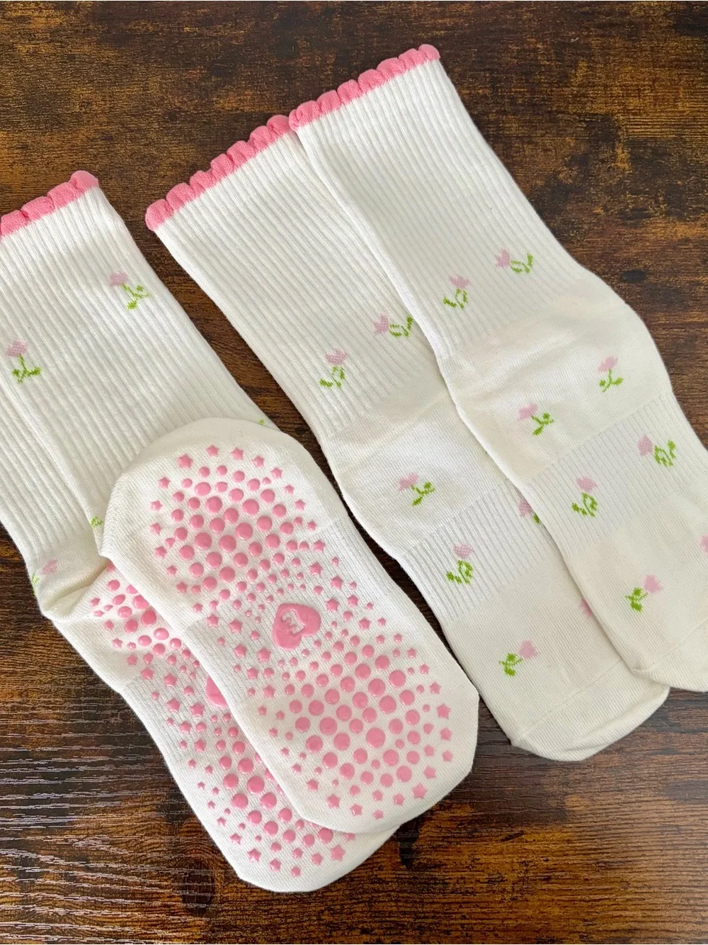 White Grip Socks with Pink Floral Trim